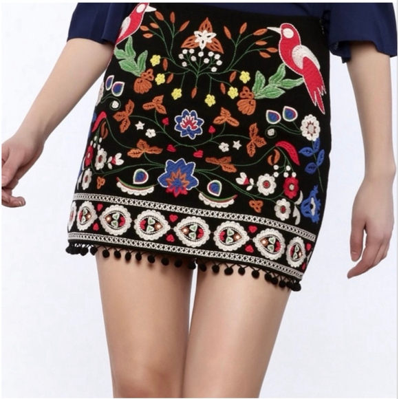 Umgee Dresses & Skirts - Umgee Black Multicolor Embroidered Mini Skirt Birds Pom Trim Sz L NWT